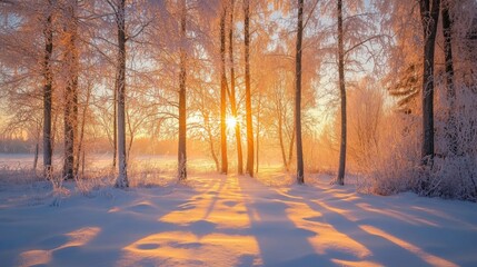 Winter Sunrise Through Snowy Woods