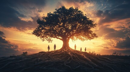 A family tree with roots spreading outward and branches reaching skyward 