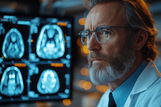 A doctor using a floating holographic MRI scan to explain a brain tumor