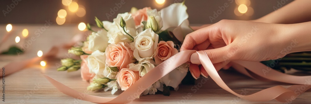Aufkleber creating a beautiful bouquet with delicate roses and elegant ribbons for a special occasion at a coz