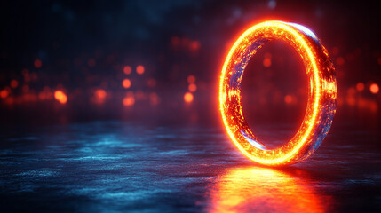 A glowing, iridescent ring rests on a dark, reflective surface, symbolizing modern elegance, mystery, and futuristic beauty in a minimalist setting.

