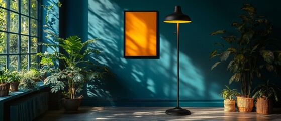 Serene Green Room Interior with Velvet Armchair and Plant