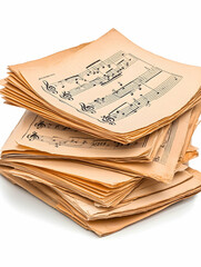 Naklejka premium Vintage sheet music stack, isolated on white. Possible use archival display