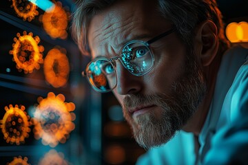 A futuristic scientist studying holographic virus models to find a cure