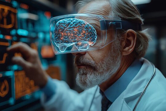 A doctor is demonstrating a holographic brain scan to a patient