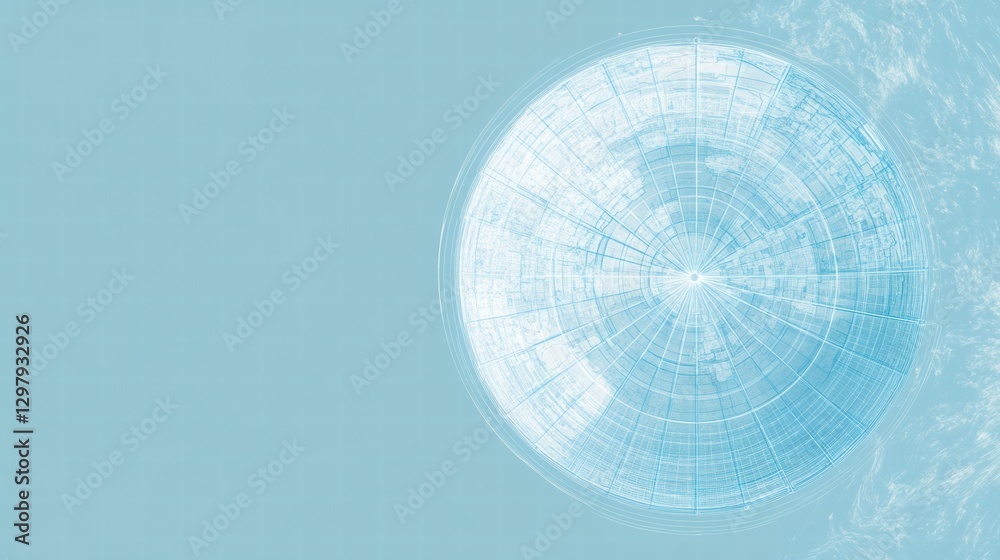 Poster digital representation of a spherical structure over tranquil water surface during a clear day. gene