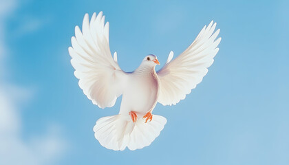 Obraz premium White dove flying in a clear blue sky, symbolizing peace and hope. Potential use for peace awareness campaigns