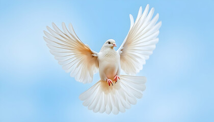Obraz premium White dove in flight against a clear sky. Possible use Symbolism, peace, spirituality