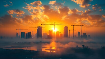 Orange sunset silhouettes the city's power industry towers against a red evening sky