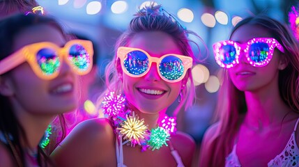 Obraz premium Summer concerts music vibes. Vibrant party scene with young women wearing colorful, illuminated sunglasses and festive accessories.