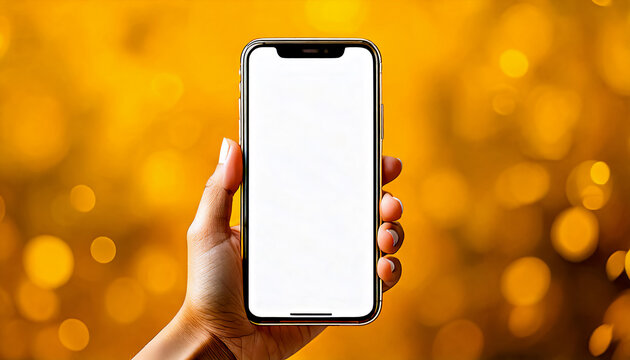 Smartphone held in a person's hand. The smartphone is positioned vertically, its screen displays a blank clean white image with place for text and is turned towards the viewer, on yellow background