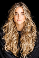 Woman with long blonde wavy hair portrait against black background, fashion style, studio shot
