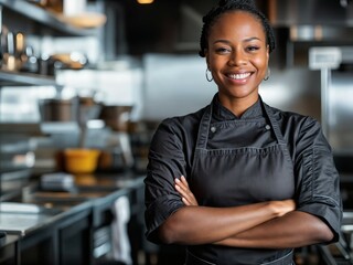 a happy African American black woman as a chef, standing confident in a blurred-out kitchen, private chef