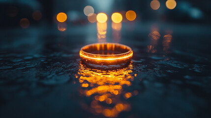 A glowing, iridescent ring rests on a dark, reflective surface, symbolizing modern elegance, mystery, and futuristic beauty in a minimalist setting.

