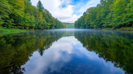 Fototapeta premium Serene Reflection of Green Trees in Calm Lake Under Blue Sky