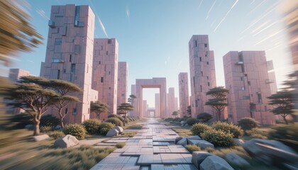 Futuristic Cityscape Pathway Modern Architecture Design Tranquil Urban Oasis Peaceful Environment Stunning Sunrise