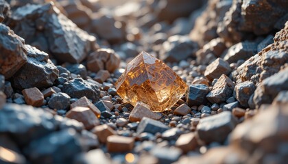 Fototapeta premium Sparkling Amber Crystal Among Grey and Brown Rocks in Sunlight A Gemstone Resting on Pebbles