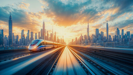 Obraz premium Sunset train journey through a bustling city skyline with towering skyscrapers