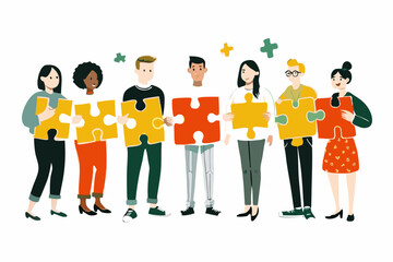 Obraz premium Diverse Team Collaboration: People Holding Colorful Puzzle Pieces in Unity