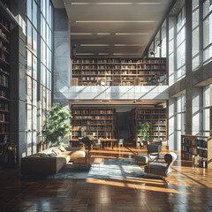 An interior design of a reading room in a library.