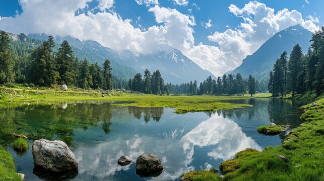 A panoramic view of Kashmir Pahalgam--green meadows, a fresh river reflecting the sky, and towering Himalayan peaks.