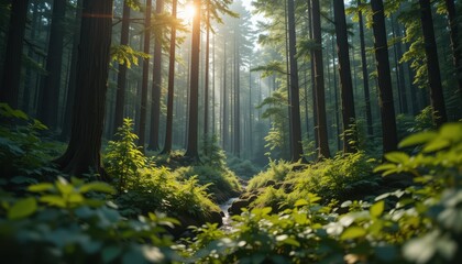 Obraz premium Serene Sunlight Filtering Through Lush Green Forest Canopy with Stream Magical Nature Scene