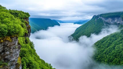 Serene Misty Valley Surrounded by Lush Green Mountains and Cliffs