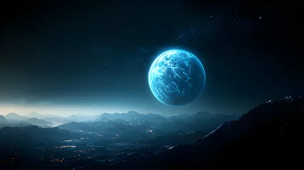 Glowing Blue Sphere Floating Above Dark Landscape With Digitized City Lights and Starry Sky