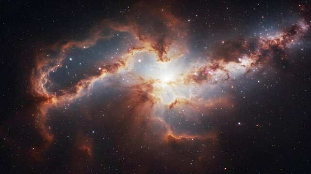 Spaceship flying through clouds and star field in open space. Flight animation through glowing nebulae and stars. Cosmic moving and glowing stars with colorful novae and dust clouds