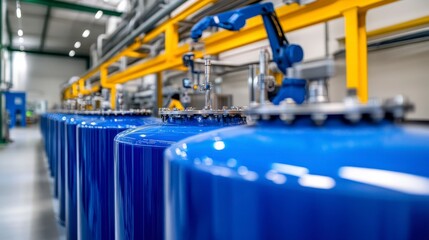 Industrial Production Facility with Blue Storage Tanks and Machinery