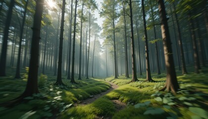 Obraz premium Serene Morning Walk Through a Sunlit Forest Path Lush Greenery and Tall Trees