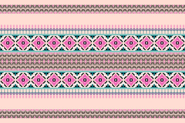 Traditional Folk-Inspired Pixel Art Pattern with Geometric and Floral Motifs in Pink, Black, and Teal &ndash; Decorative Seamless Textile Design for Fabric, Wallpaper, and Digital Use