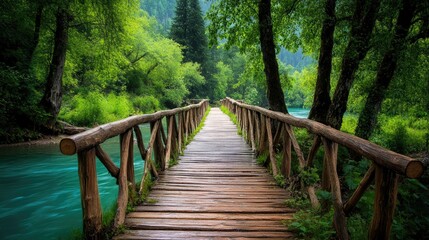 Fototapeta premium A wooden bridge over a pristine river, surrounded by lush greenery in Pahalgam
