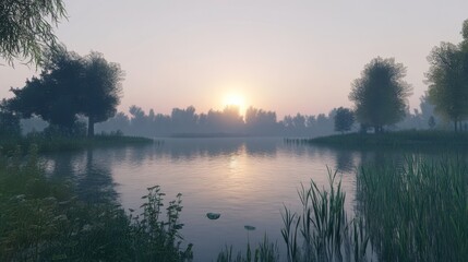 Naklejka premium Serene Sunrise Over Tranquil Lake Landscape