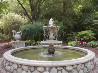 a fountain in a garden surrounded by flowers and trees and bushes and a few trees and bushes around it, Cherryl Fountain, arts and crafts movement, unreal engine 5 highly rendered, a tilt shift photo