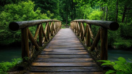 Obraz premium A wooden bridge over a pristine river, surrounded by lush greenery in Pahalgam