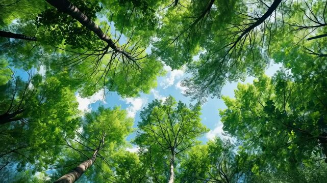 Upward angle captures lush green treetops against a blue sky, creating a serene, immersive nature video concept with a tranquil, airy style. Live desktop wallpaper.