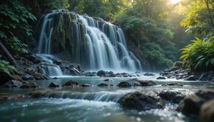 Fototapeta premium Serene Waterfall Cascading Through Lush Tropical Rainforest Landscape at Sunrise