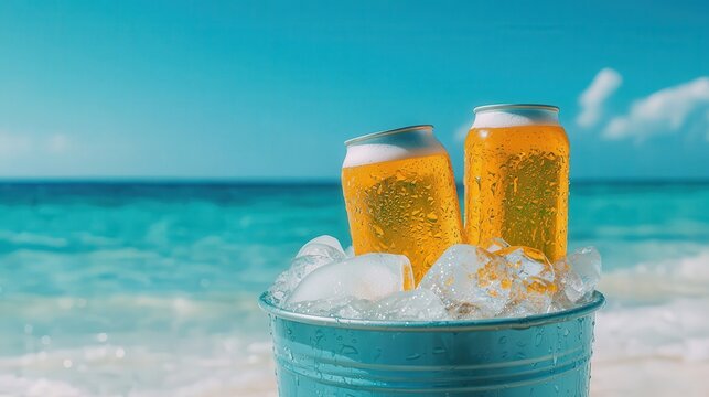 Canned drinks cool in ice bucket on beach sand with ocean and sky background