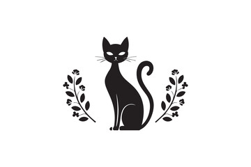 Naklejka premium Black Cat Silhouette with Floral Wreath vector