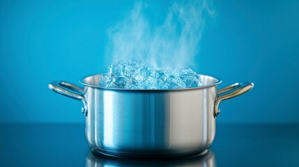 Boiling Water in Stainless Steel Pot on Blue Background
