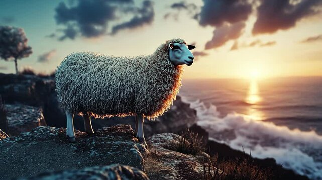 Sheep On Rocky Coast At Sunset With Dramatic Cloudscape Over Ocean Waves and Rocky Shoreline
