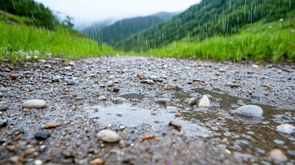 Fototapeta premium Rain-soaked path with stones under cloudy mountain landscape