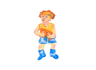 Summer illustration with boy and watermelon drawn with wax crayons on white isolated background. Bright oil pastel picture in children's style.