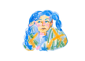 Summer illustration with girl with blue hair and sweater drawn with wax crayons on white isolated background. Bright oil pastel picture in children's style.