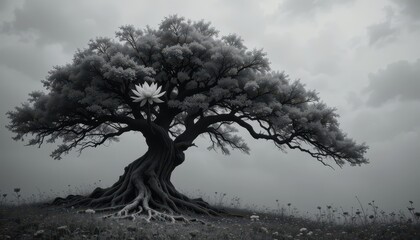 Majestic Ancient Tree with Exposed Roots and a Single White Lotus Flower in a Misty Field