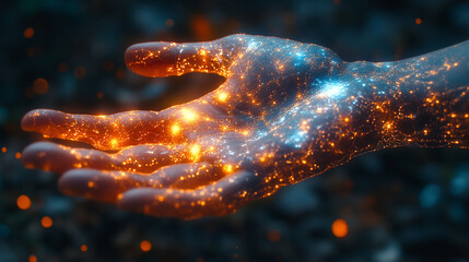 A human hand transforms into a digital hand, symbolizing the fusion of humanity and technology in the AI age, with a blurred modern background and space for captions.

