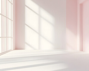 A bright, minimalist interior featuring soft pink walls and natural shadows from a large window.