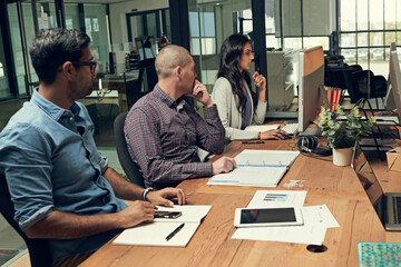 Training, computer and thinking with business people in office for teamwork, planning and film...