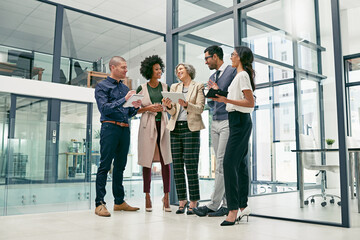 Business people, meeting or discussion with tablet for collaboration, creative design or project at...